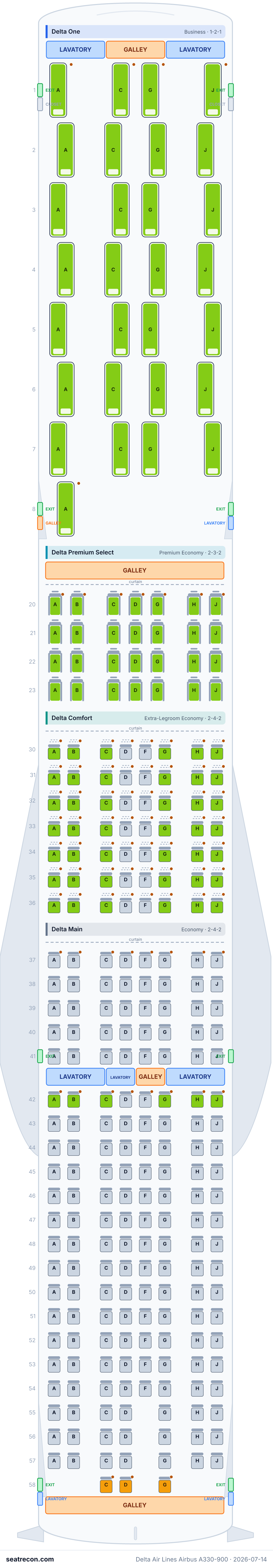 Delta Air Lines Airbus A330-900 seat map diagram — Delta One, Delta Premium Select, Delta Comfort, Delta Main (281 seats)