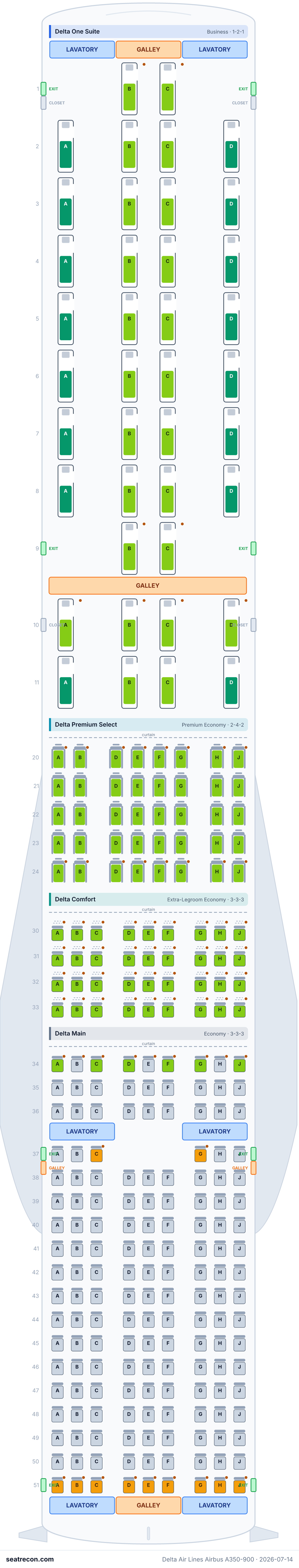 Delta Air Lines Airbus A350-900 seat map diagram — Delta One Suite, Delta Premium Select, Delta Comfort, Delta Main (275 seats)