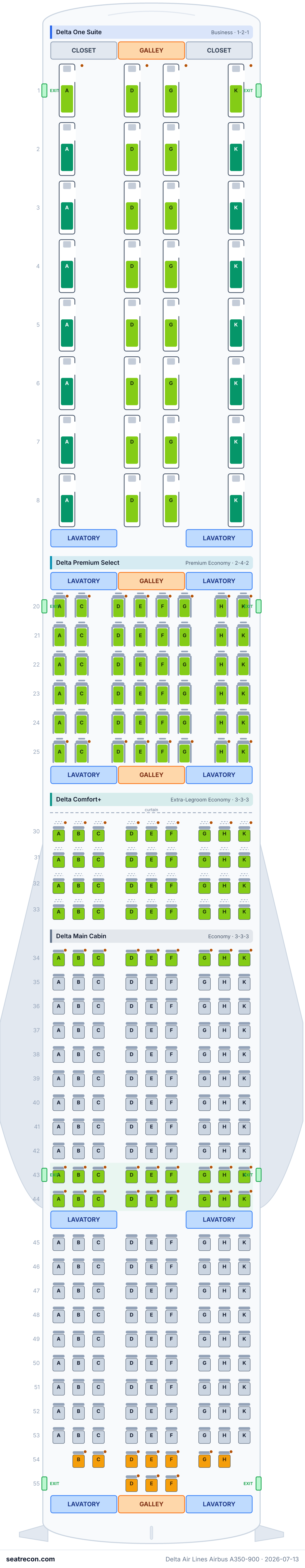 Delta Air Lines Airbus A350-900 seat map diagram — Delta One Suite, Delta Premium Select, Delta Comfort+, Delta Main Cabin (306 seats)