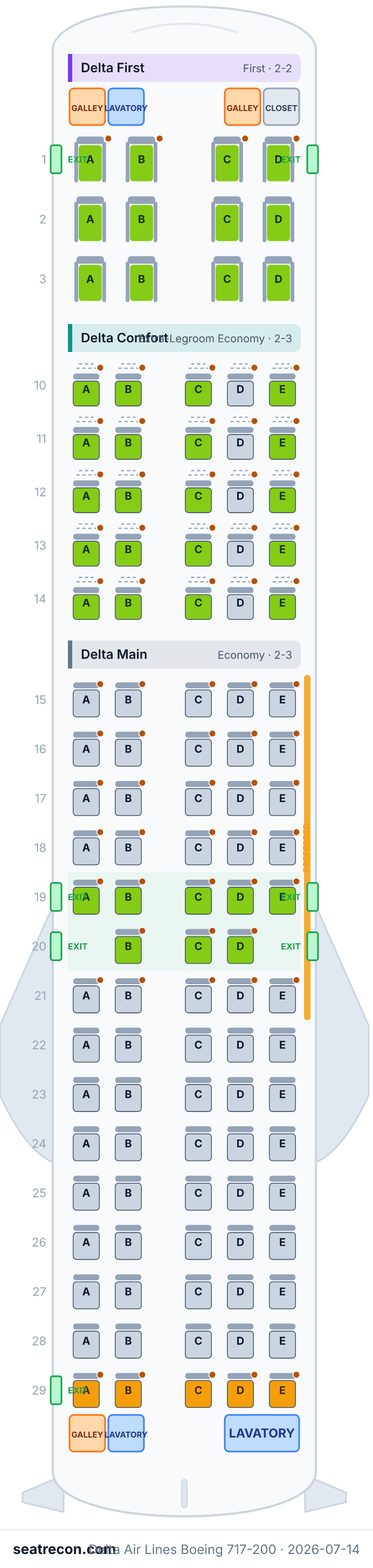 Delta Air Lines Boeing 717-200 seat map diagram — Delta First, Delta Comfort, Delta Main (110 seats)