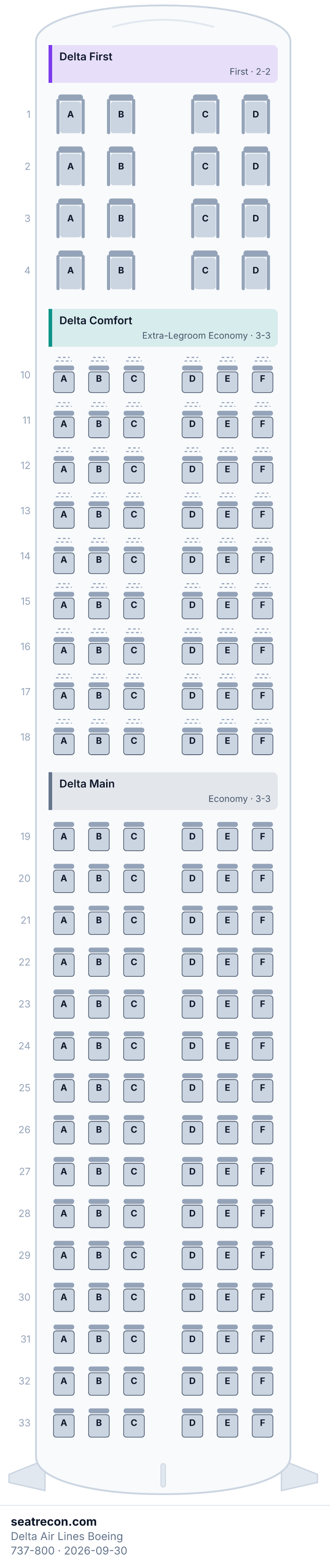Delta Air Lines Boeing 737-800 seat map diagram — Delta First, Delta Comfort, Delta Main (160 seats)