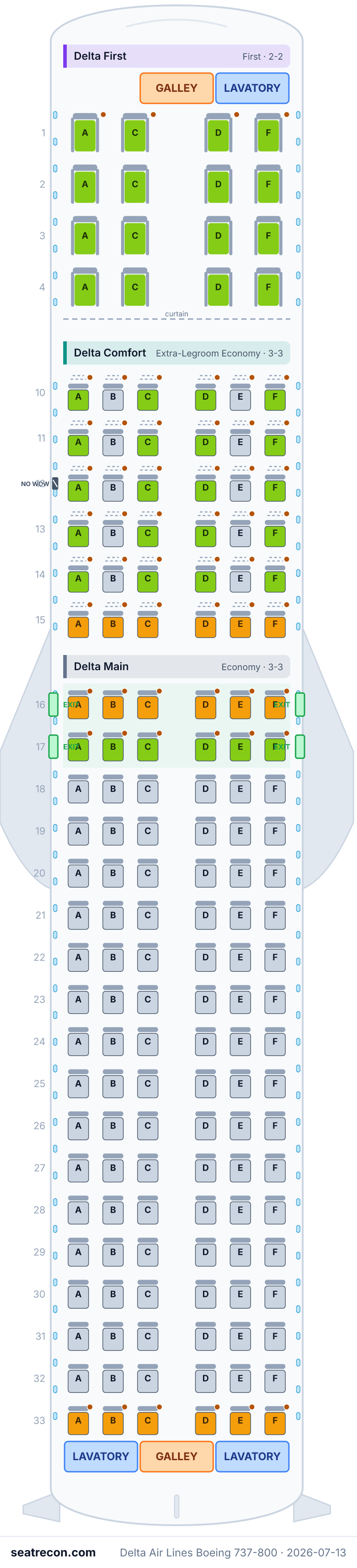 Delta Air Lines Boeing 737-800 seat map diagram — Delta First, Delta Comfort, Delta Main (160 seats)