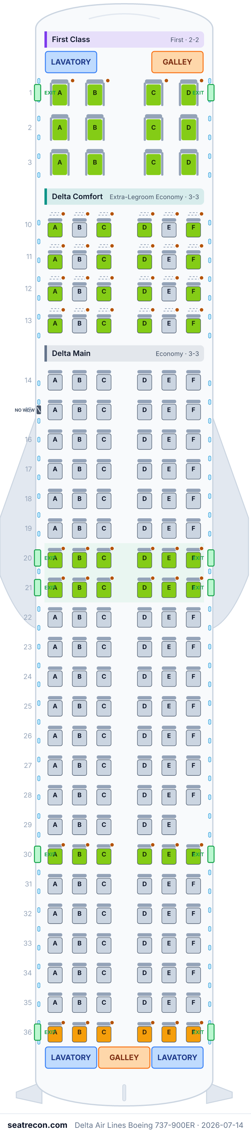 Delta Air Lines Boeing 737-900ER seat map diagram — First Class, Delta Comfort, Delta Main (173 seats)