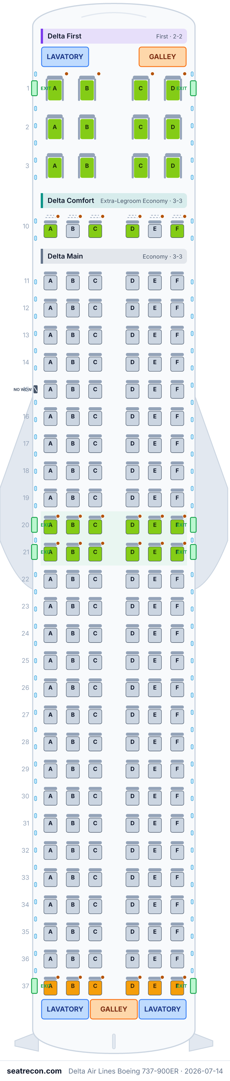 Delta Air Lines Boeing 737-900ER seat map diagram — Delta First, Delta Comfort, Delta Main (180 seats)