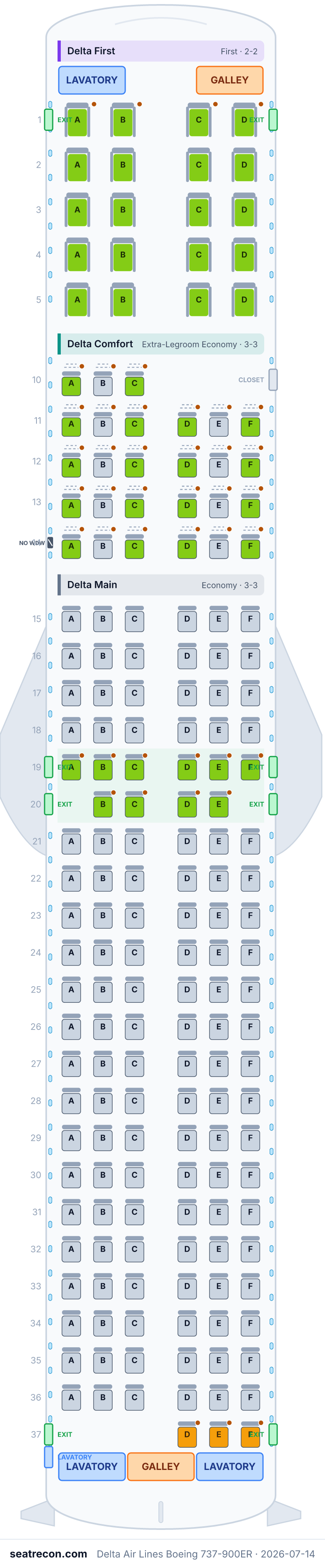 Delta Air Lines Boeing 737-900ER seat map diagram — Delta First, Delta Comfort, Delta Main (180 seats)