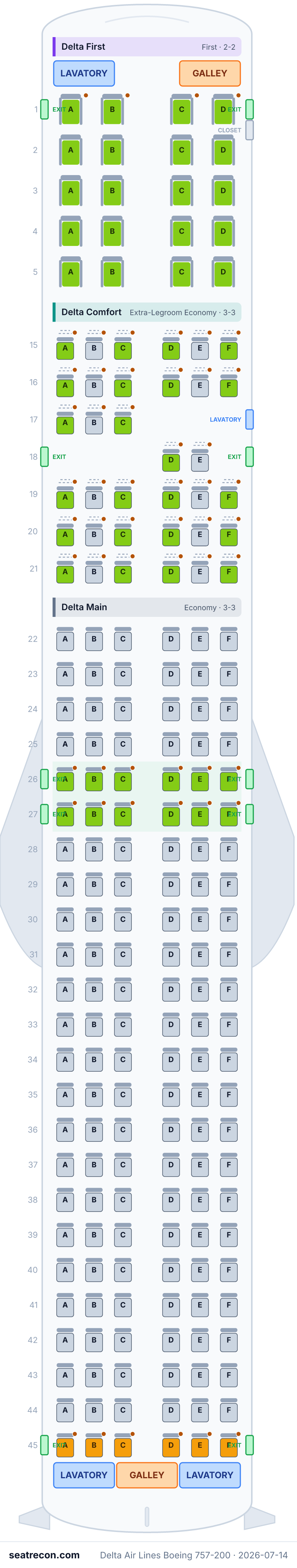 Delta Air Lines Boeing 757-200 seat map diagram — Delta First, Delta Comfort, Delta Main (199 seats)