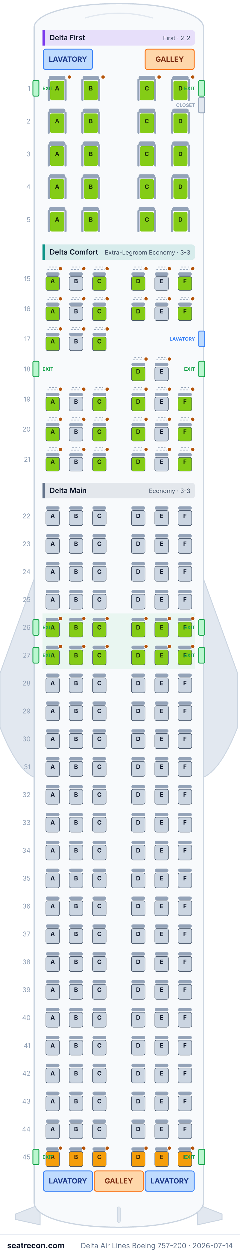 Delta Air Lines Boeing 757-200 seat map diagram — Delta First, Delta Comfort, Delta Main (199 seats)