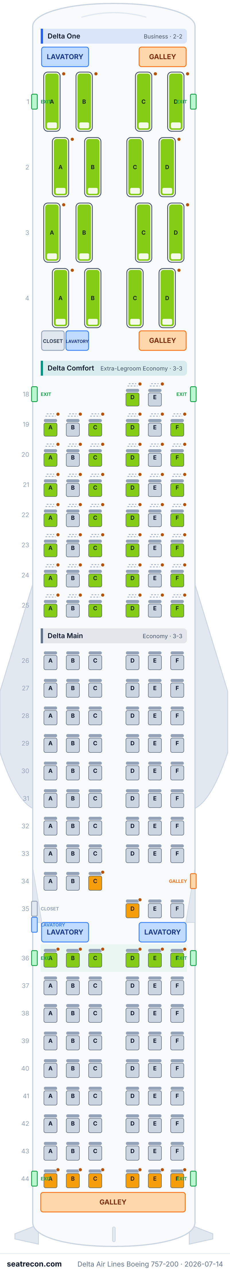 Delta Air Lines Boeing 757-200 seat map diagram — Delta One, Delta Comfort, Delta Main (168 seats)