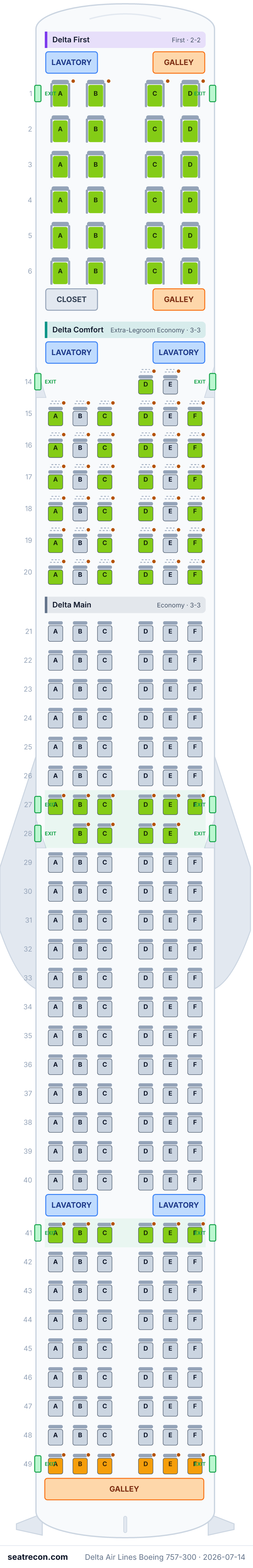 Delta Air Lines Boeing 757-300 seat map diagram — Delta First, Delta Comfort, Delta Main (234 seats)