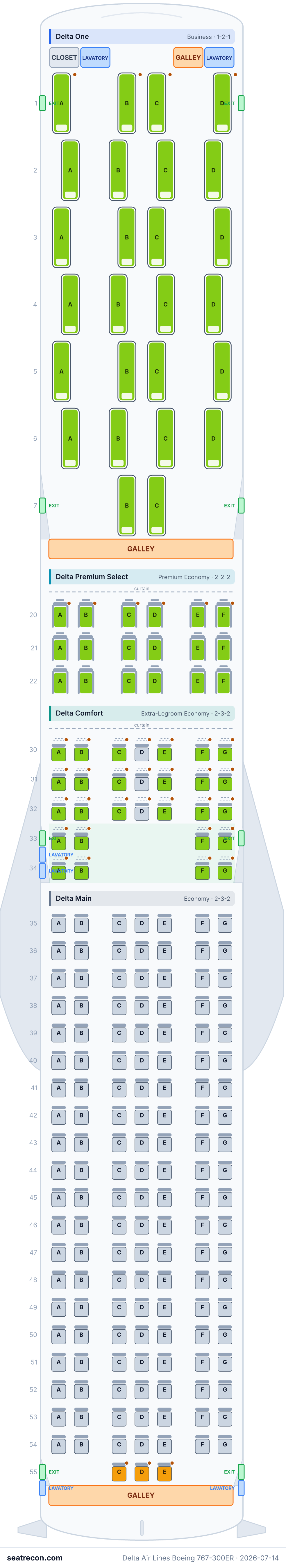 Delta Air Lines Boeing 767-300ER seat map diagram — Delta One, Delta Premium Select, Delta Comfort, Delta Main (216 seats)