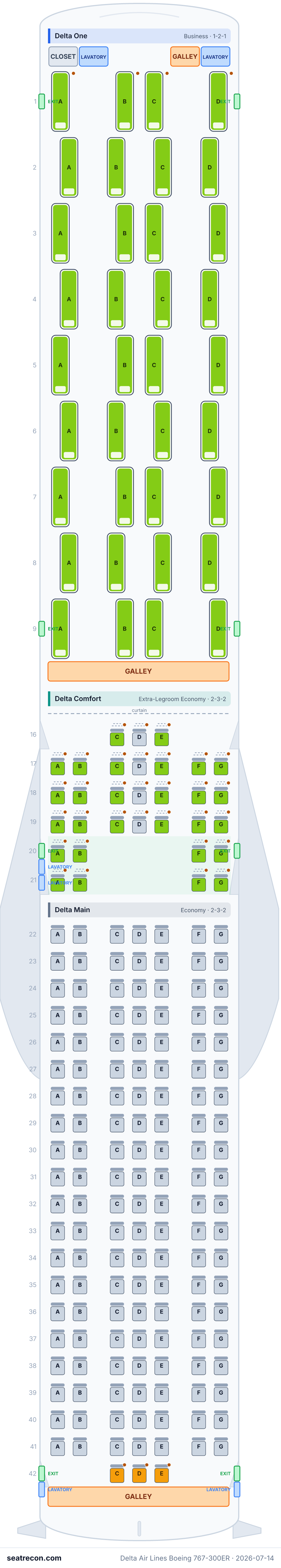 Delta Air Lines Boeing 767-300ER seat map diagram — Delta One, Delta Comfort, Delta Main (211 seats)