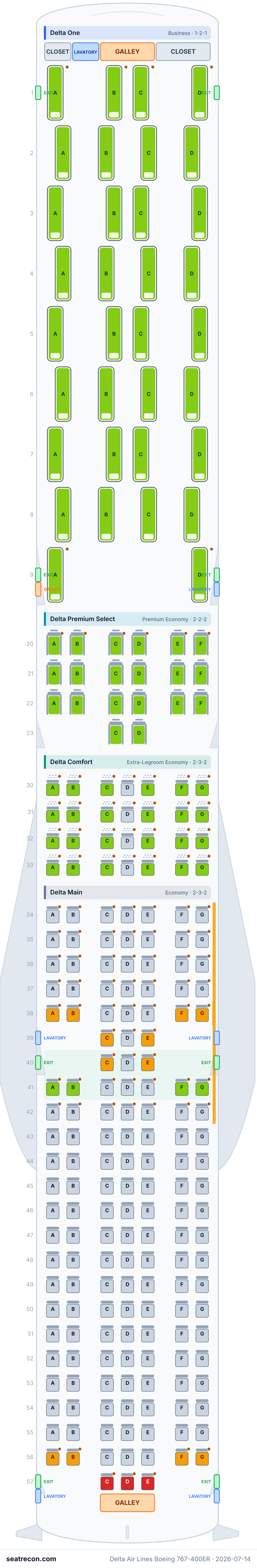 Delta Air Lines Boeing 767-400ER seat map diagram — Delta One, Delta Premium Select, Delta Comfort, Delta Main (238 seats)