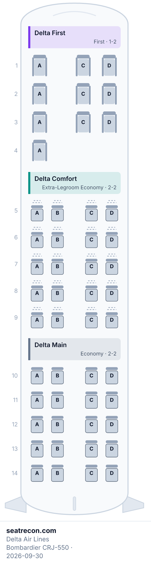 Delta Air Lines Bombardier CRJ-550 seat map diagram — Delta First, Delta Comfort, Delta Main (50 seats)