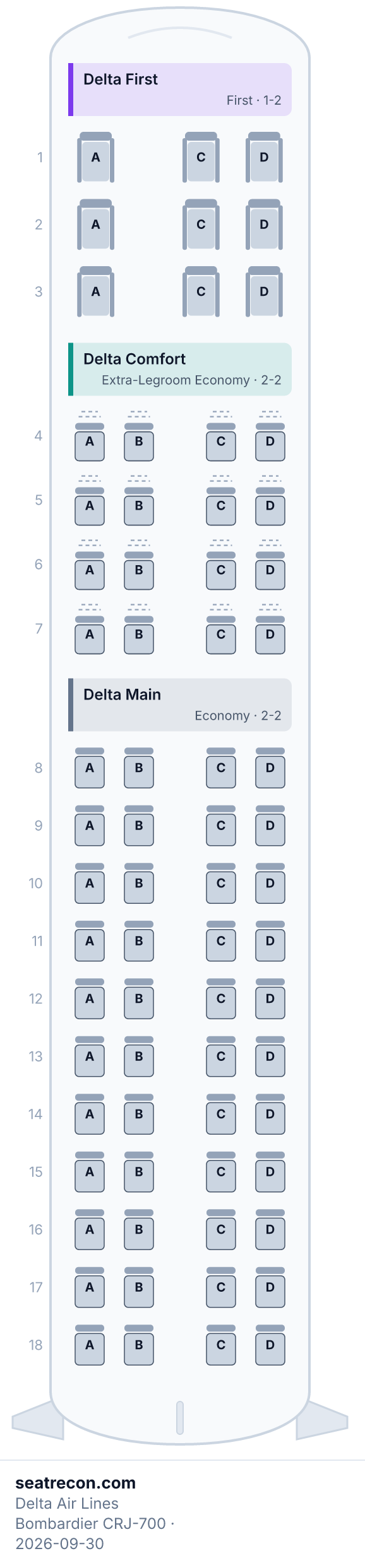 Delta Air Lines Bombardier CRJ-700 seat map diagram — Delta First, Delta Comfort, Delta Main (69 seats)
