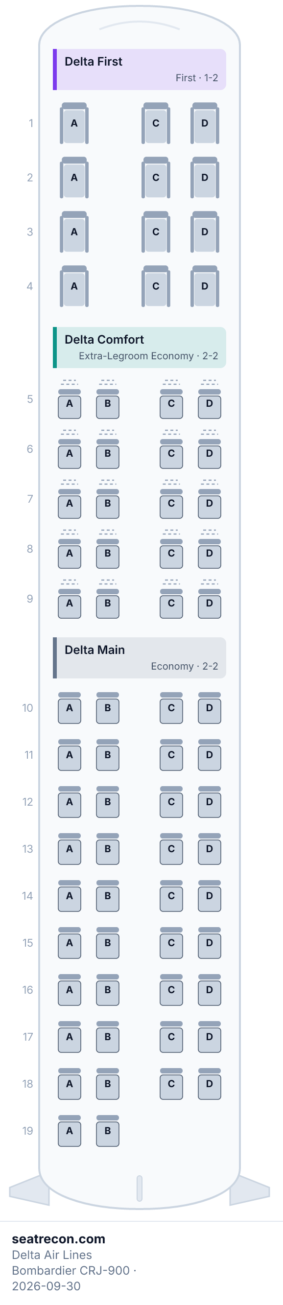 Delta Air Lines Bombardier CRJ-900 seat map diagram — Delta First, Delta Comfort, Delta Main (70 seats)