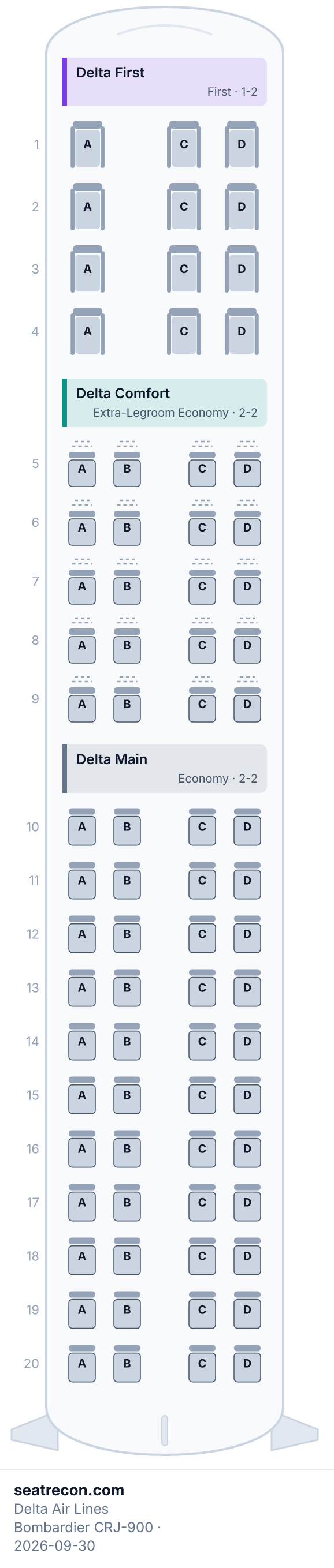 Delta Air Lines Bombardier CRJ-900 seat map diagram — Delta First, Delta Comfort, Delta Main (76 seats)