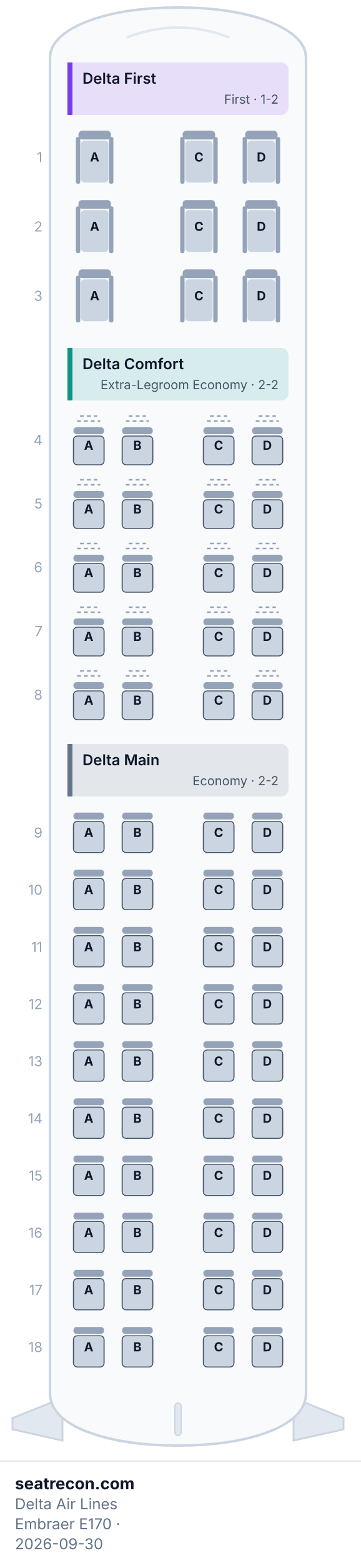 Delta Air Lines Embraer E170 seat map diagram — Delta First, Delta Comfort, Delta Main (69 seats)