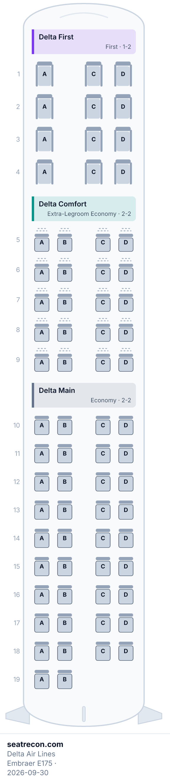 Delta Air Lines Embraer E175 seat map diagram — Delta First, Delta Comfort, Delta Main (70 seats)