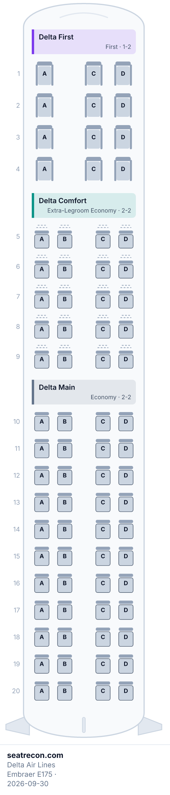 Delta Air Lines Embraer E175 seat map diagram — Delta First, Delta Comfort, Delta Main (76 seats)