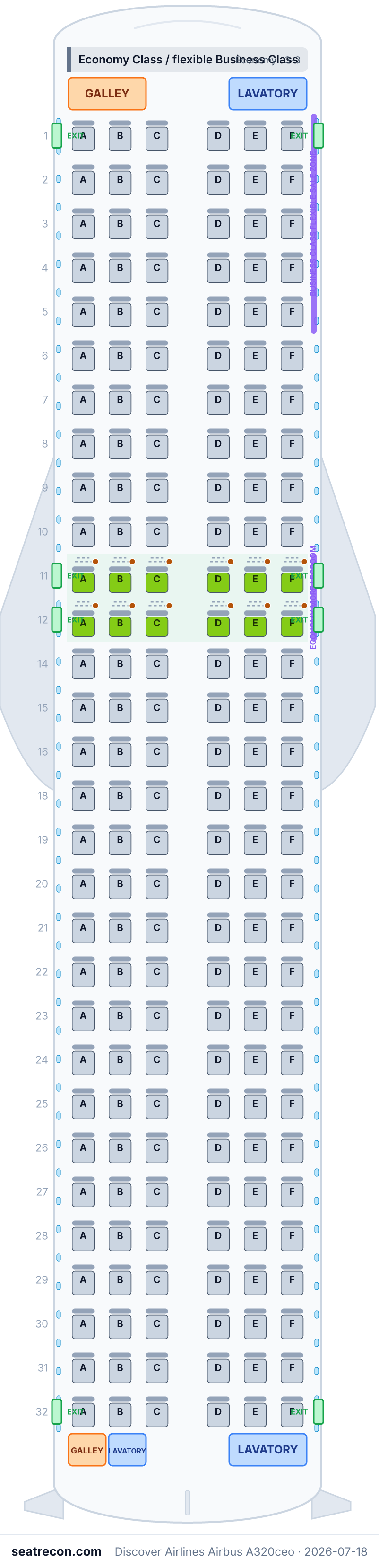 Discover Airlines Airbus A320ceo seat map diagram — Economy Class / flexible Business Class (180 seats)