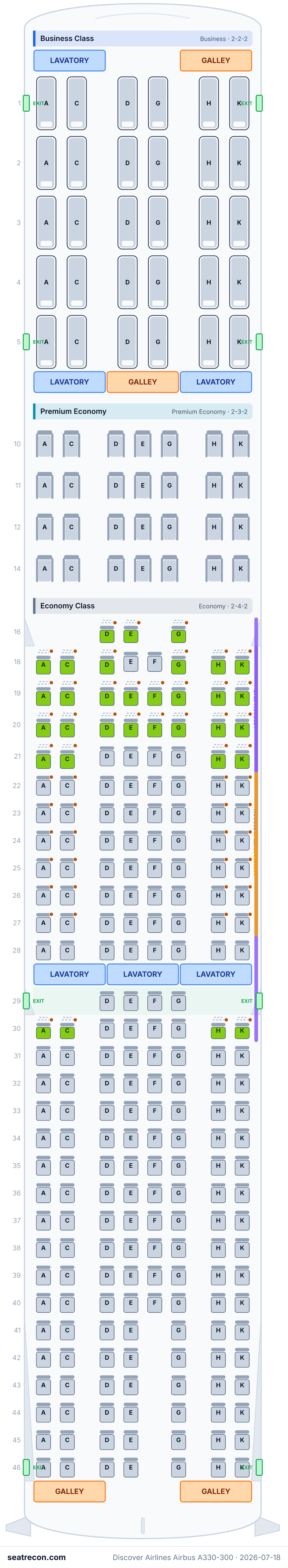 Discover Airlines Airbus A330-300 seat map diagram — Business Class, Premium Economy, Economy Class (283 seats)