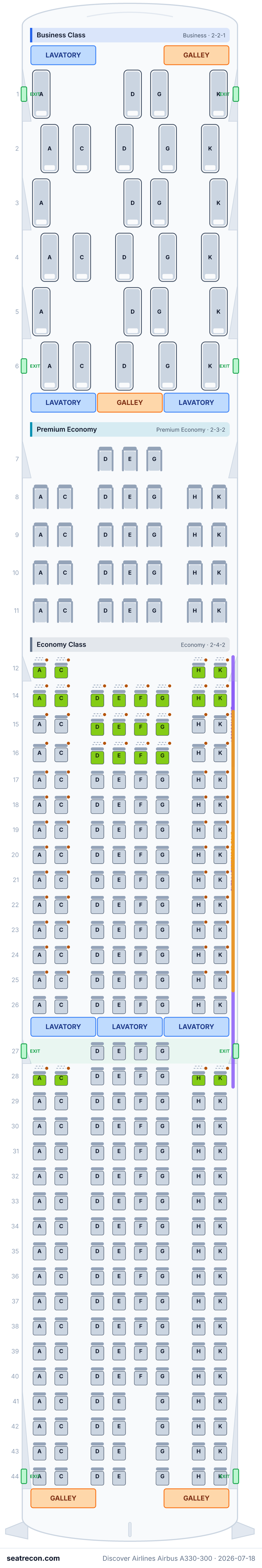 Discover Airlines Airbus A330-300 seat map diagram — Business Class, Premium Economy, Economy Class (302 seats)