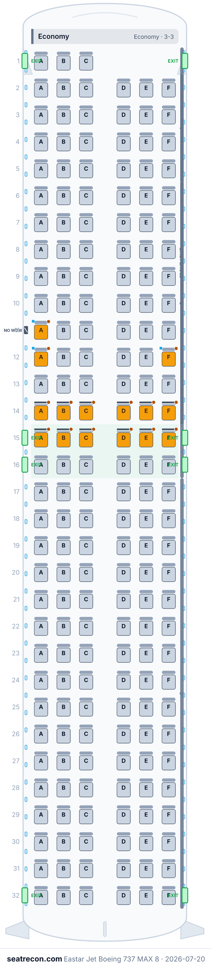 Mapa de asientos del Boeing 737 MAX 8 de Eastar Jet (189Y)