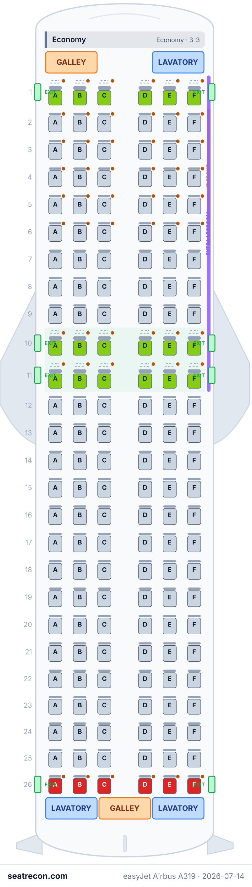 easyJet Airbus A319 seat map diagram — Economy (156 seats)