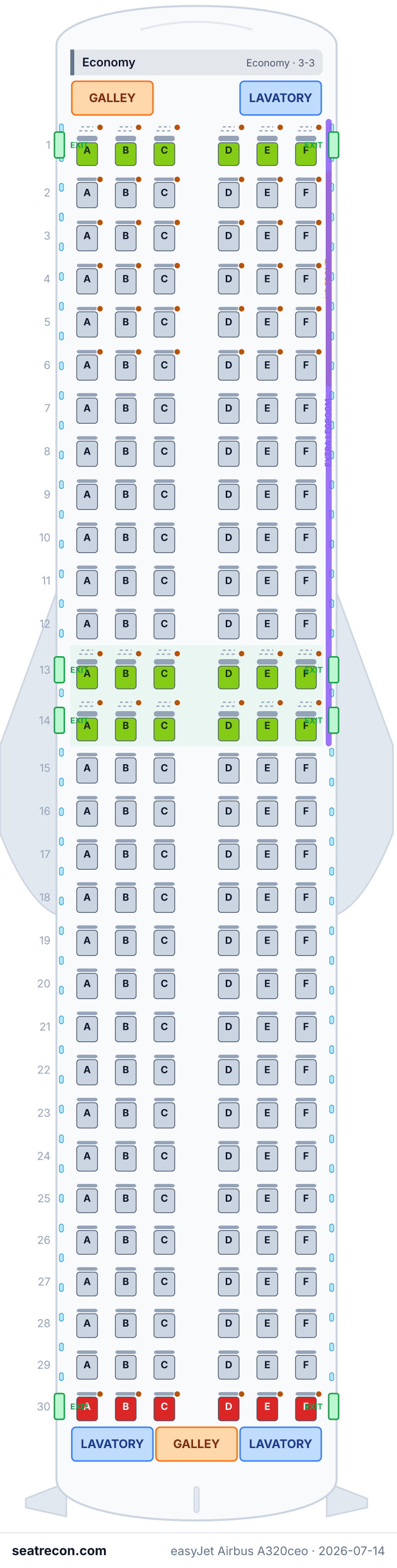 easyJet Airbus A320ceo seat map diagram — Economy (180 seats)