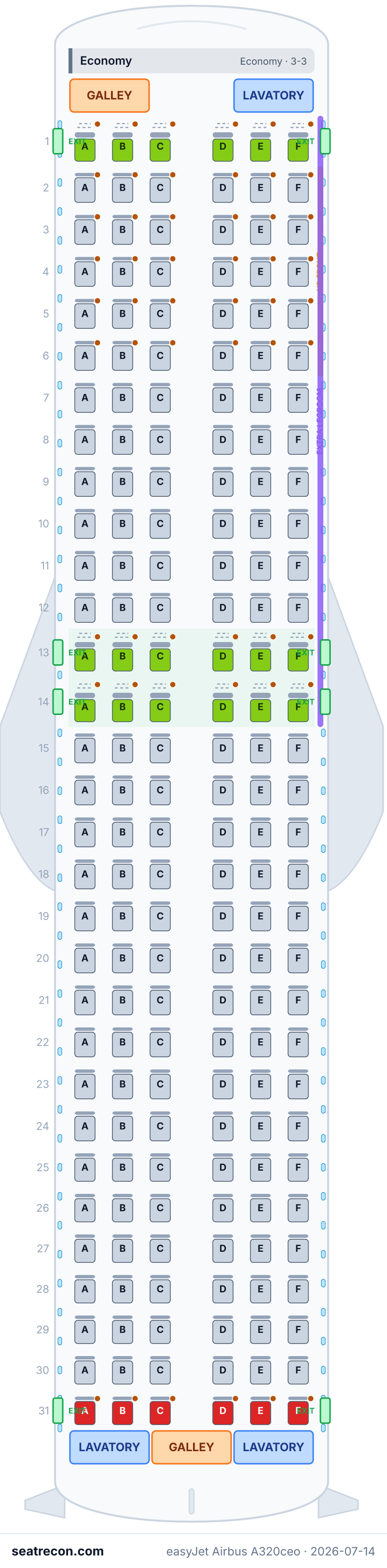 easyJet Airbus A320ceo seat map diagram — Economy (186 seats)
