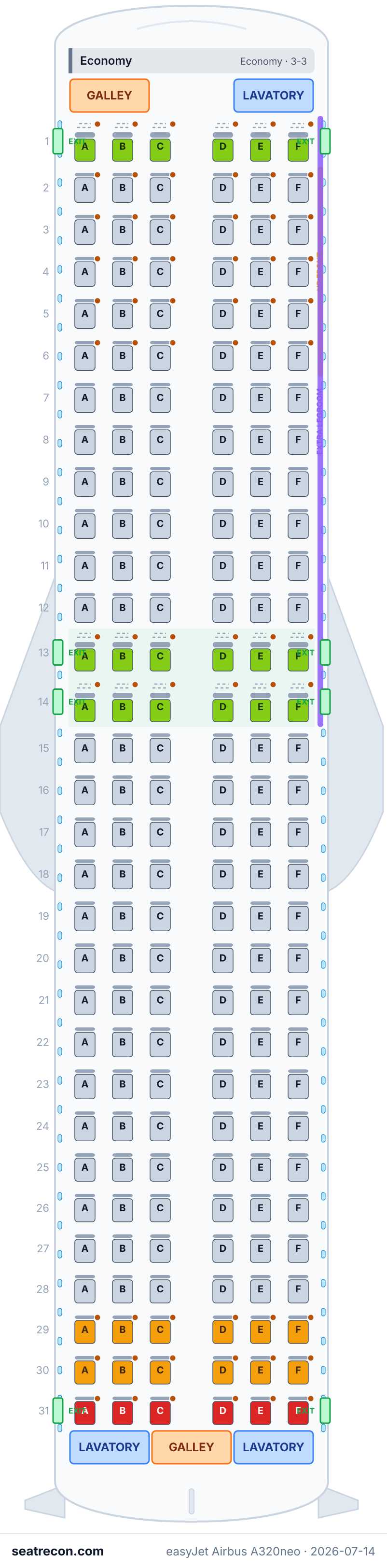 easyJet Airbus A320neo seat map diagram — Economy (186 seats)