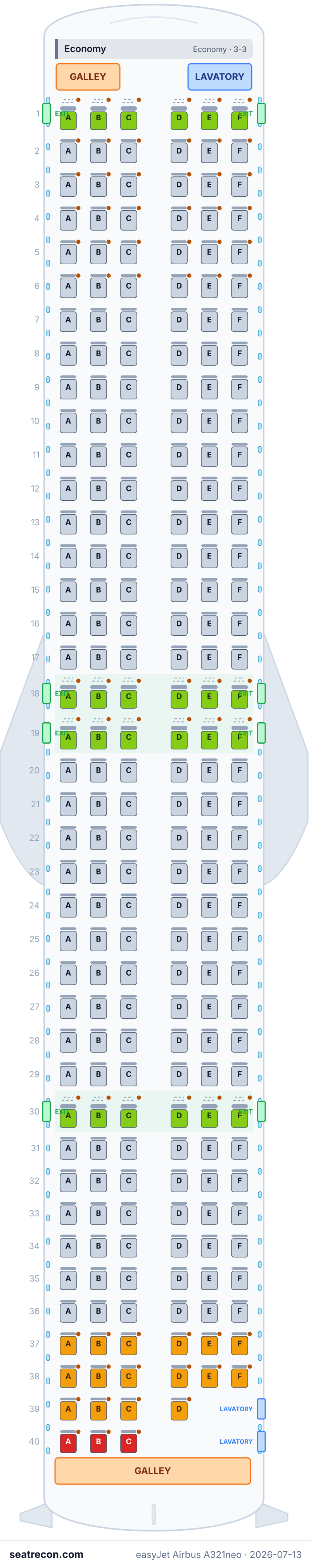 easyJet Airbus A321neo seat map diagram — Economy (235 seats)