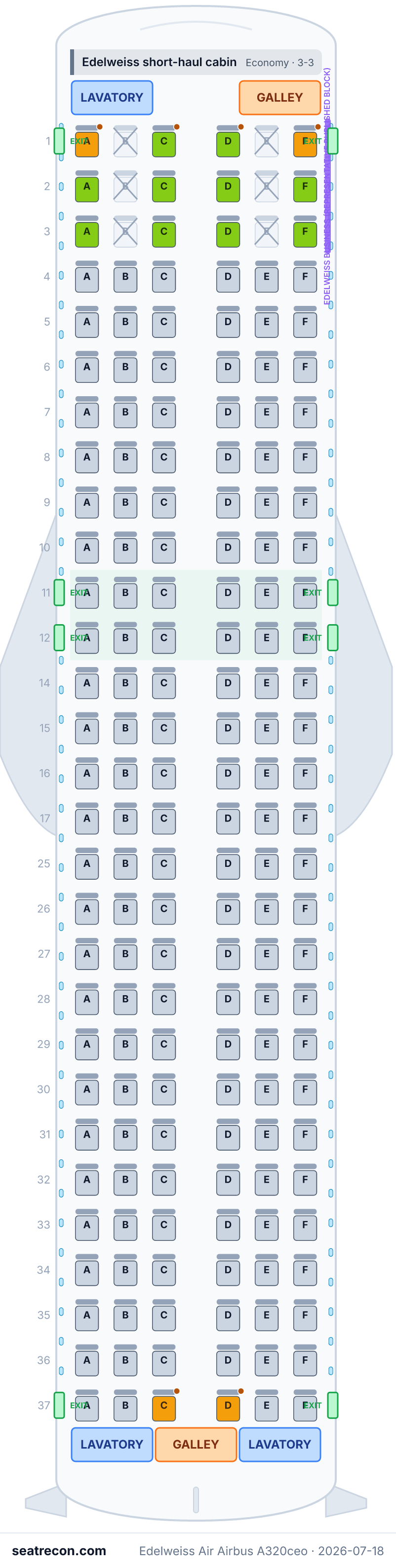 Edelweiss Air Airbus A320ceo seat map diagram — Edelweiss short-haul cabin (174 seats)