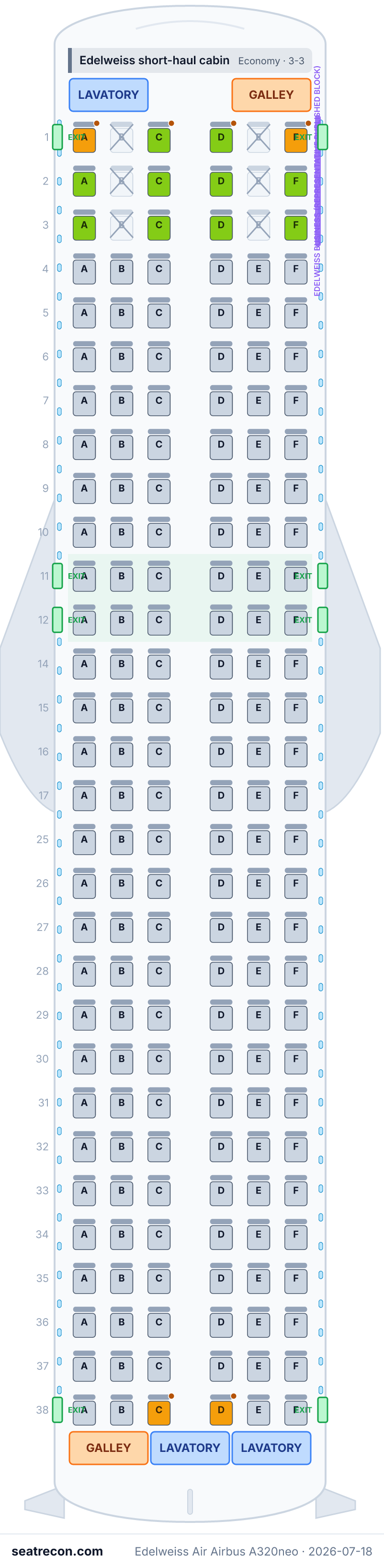 Edelweiss Air Airbus A320neo seat map diagram — Edelweiss short-haul cabin (180 seats)