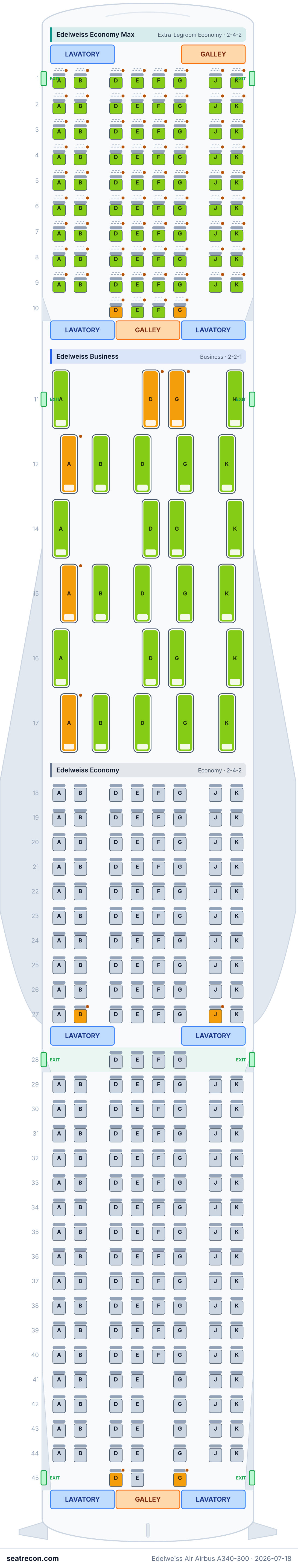 Edelweiss Air Airbus A340-300 seat map diagram — Edelweiss Economy Max, Edelweiss Business, Edelweiss Economy (314 seats)