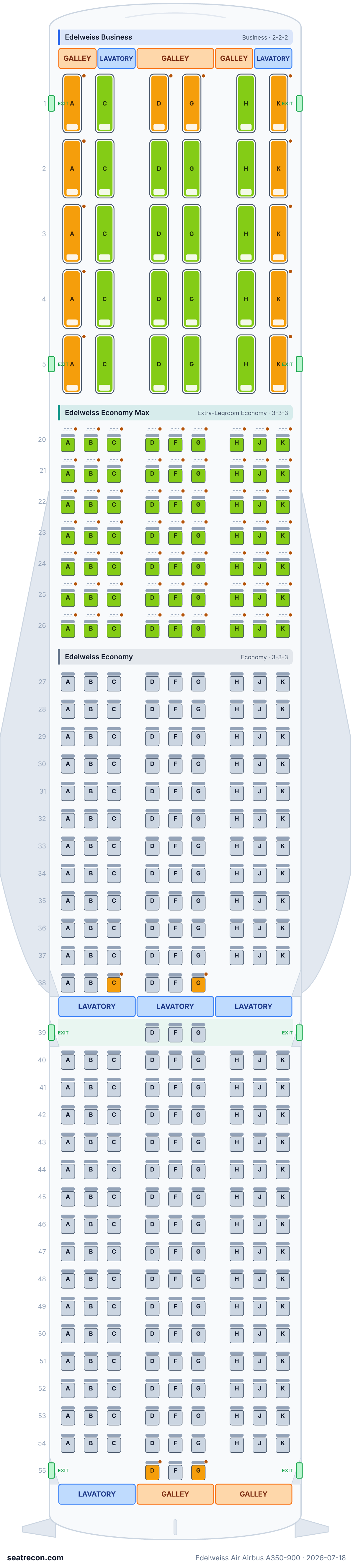 Edelweiss Air Airbus A350-900 seat map diagram — Edelweiss Business, Edelweiss Economy Max, Edelweiss Economy (339 seats)