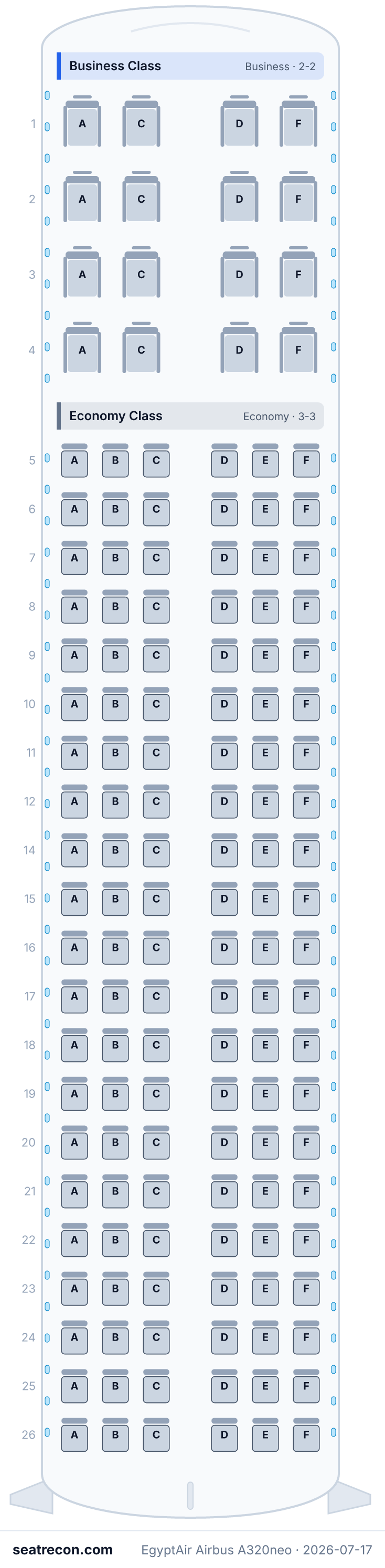 EgyptAir Airbus A320neo seat map diagram — Business Class, Economy Class (142 seats)