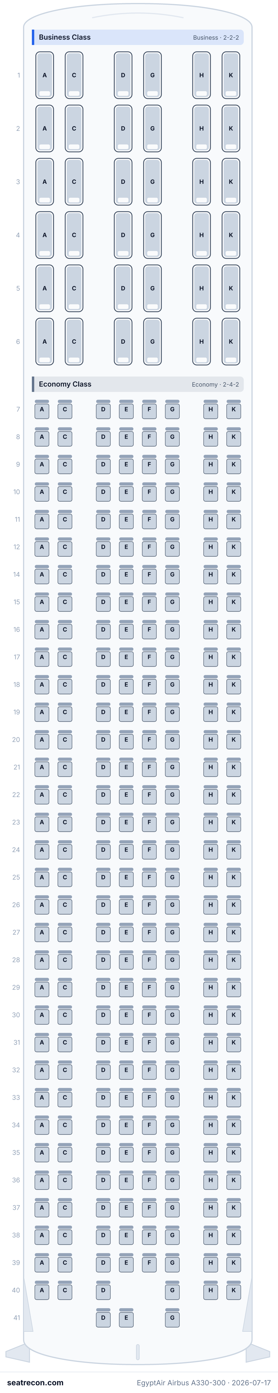 EgyptAir Airbus A330-300 seat map diagram — Business Class, Economy Class (301 seats)