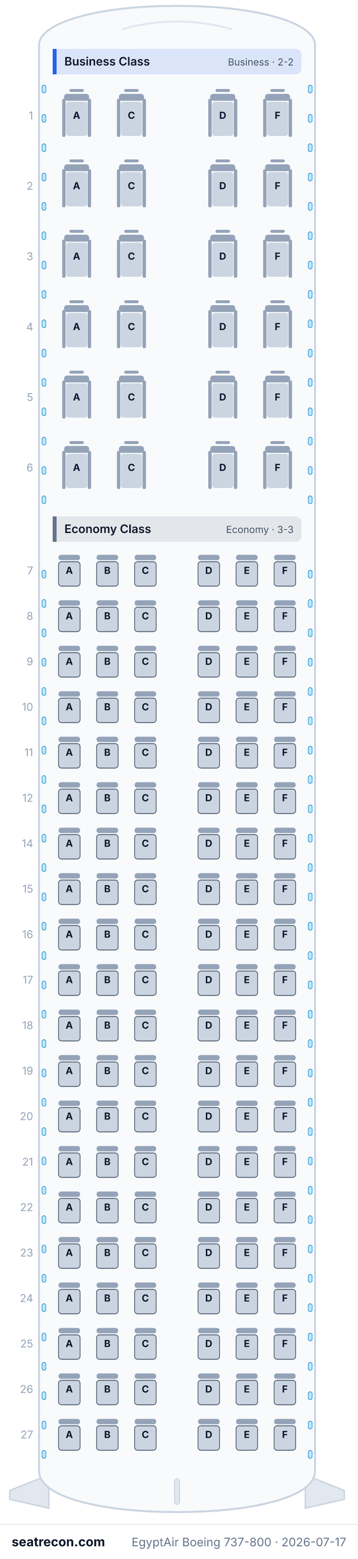 EgyptAir Boeing 737-800 seat map diagram — Business Class, Economy Class (144 seats)