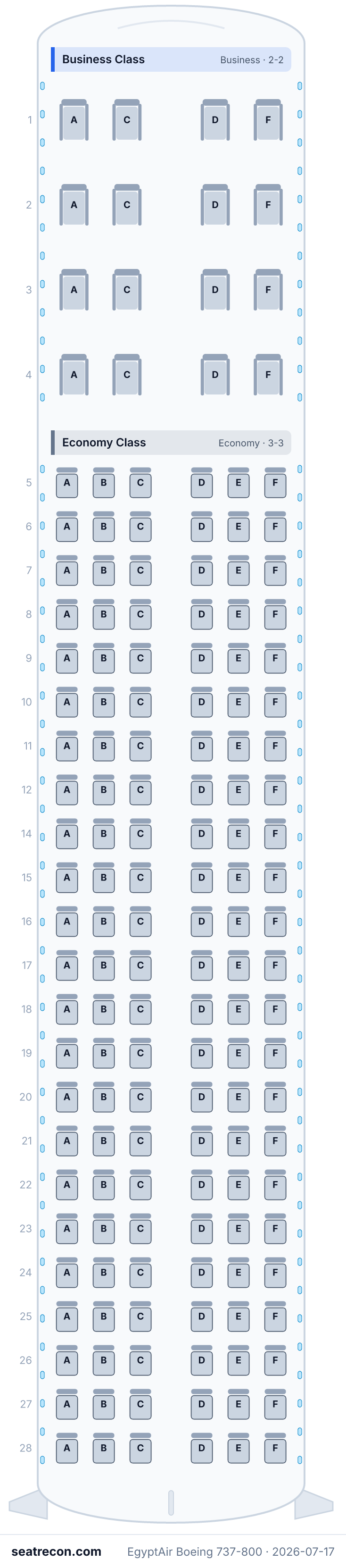 EgyptAir Boeing 737-800 seat map diagram — Business Class, Economy Class (154 seats)