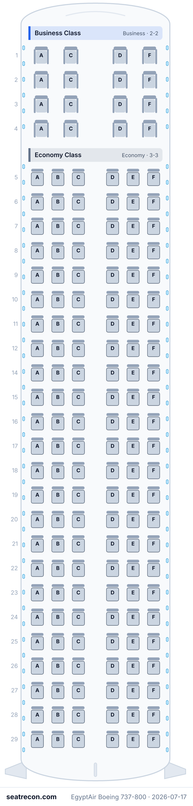 EgyptAir Boeing 737-800 seat map diagram — Business Class, Economy Class (160 seats)