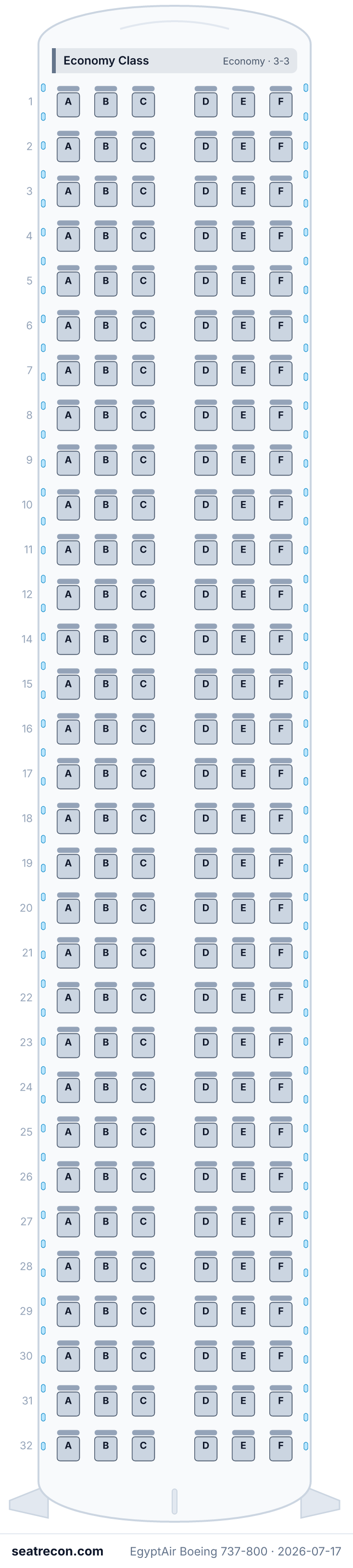 EgyptAir Boeing 737-800 seat map diagram — Economy Class (186 seats)