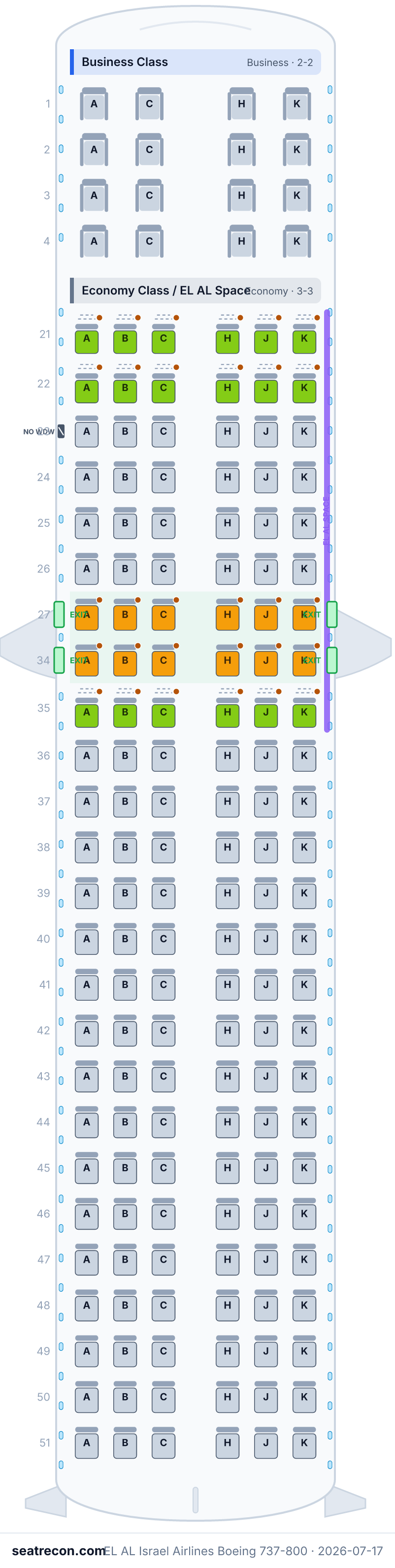 EL AL Israel Airlines Boeing 737-800 seat map diagram — Business Class, Economy Class / EL AL Space (166 seats)