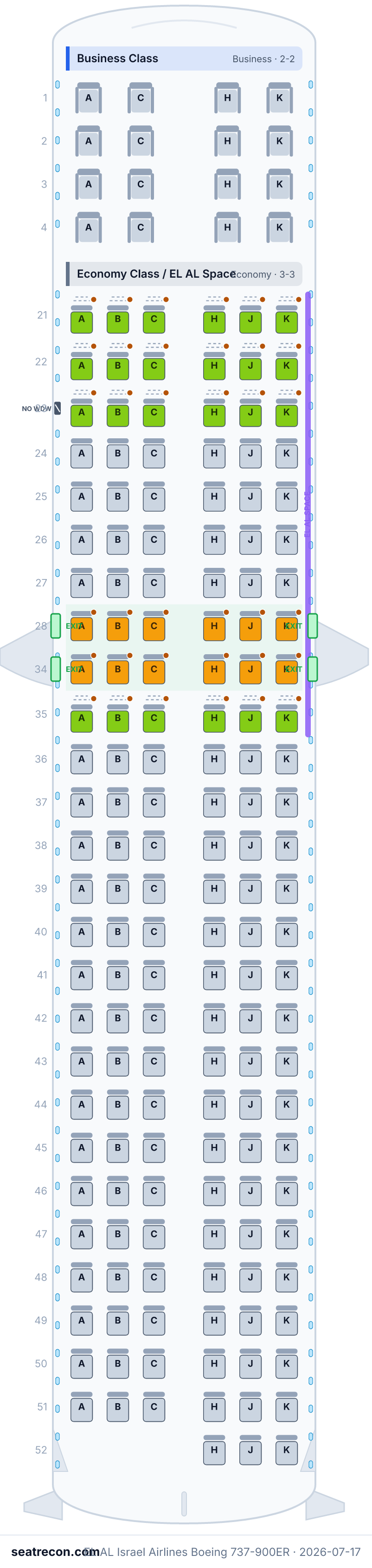 EL AL Israel Airlines Boeing 737-900ER seat map diagram — Business Class, Economy Class / EL AL Space (175 seats)