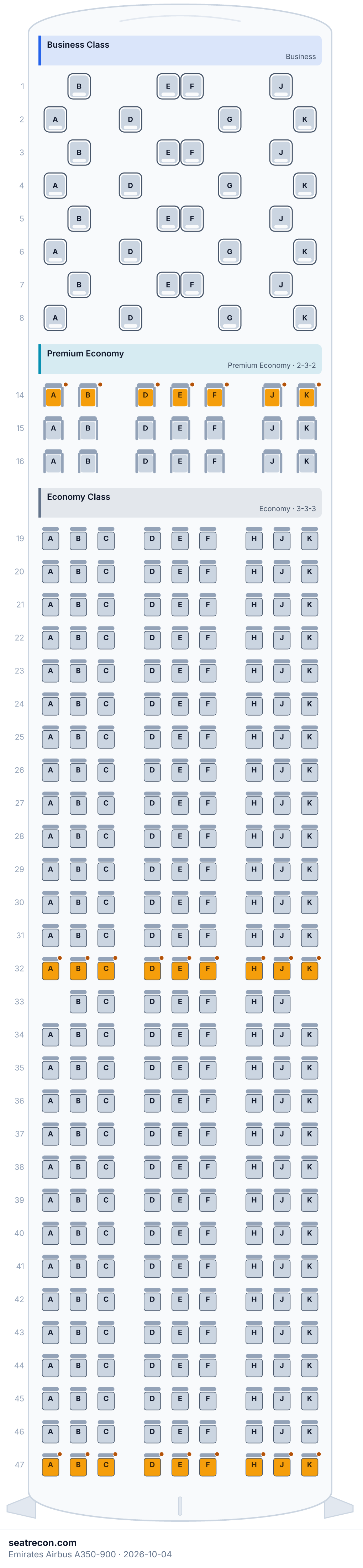 Diagrama del mapa de asientos del Airbus A350-900 de Emirates — Business Class, Premium Economy, Economy Class (312 asientos)