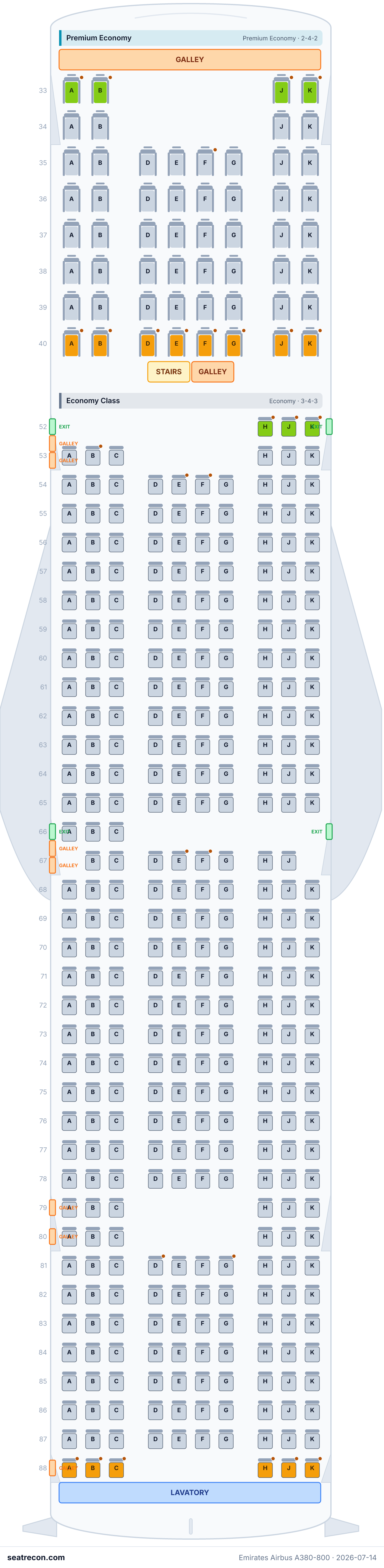 Emirates Airbus A380-800 seat map diagram — First Class, Business Class, Premium Economy, Economy Class (484 seats)