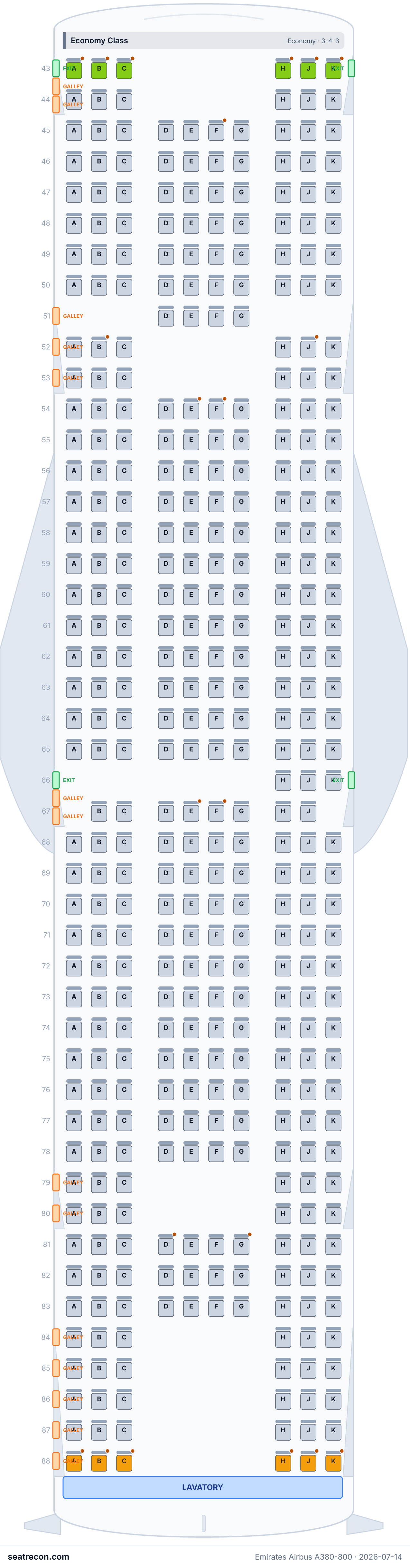 Emirates Airbus A380-800 seat map diagram — First Class, Business Class, Economy Class (491 seats)