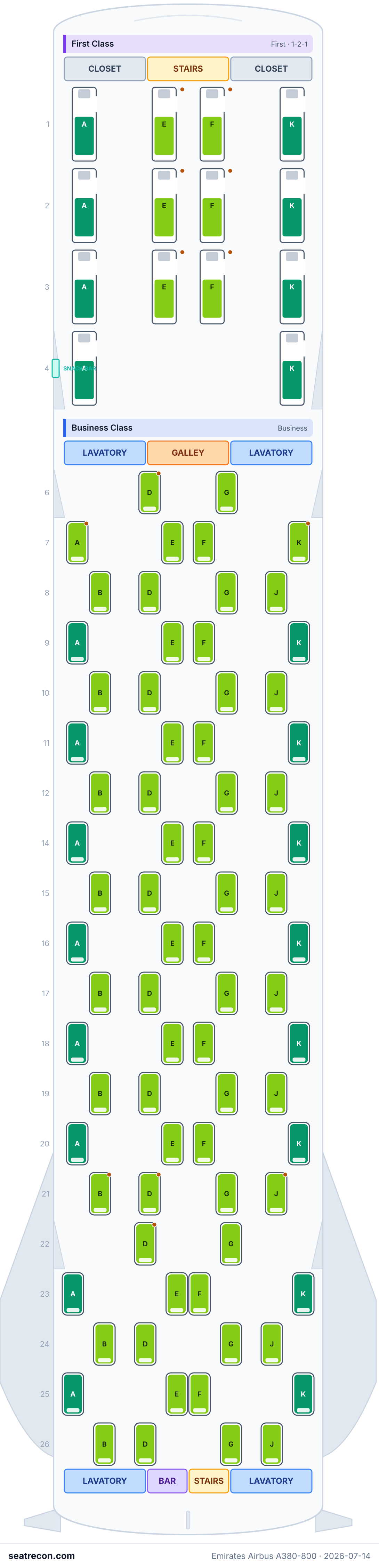 Emirates Airbus A380-800 seat map diagram — First Class, Business Class, Economy Class (517 seats) — upper deck