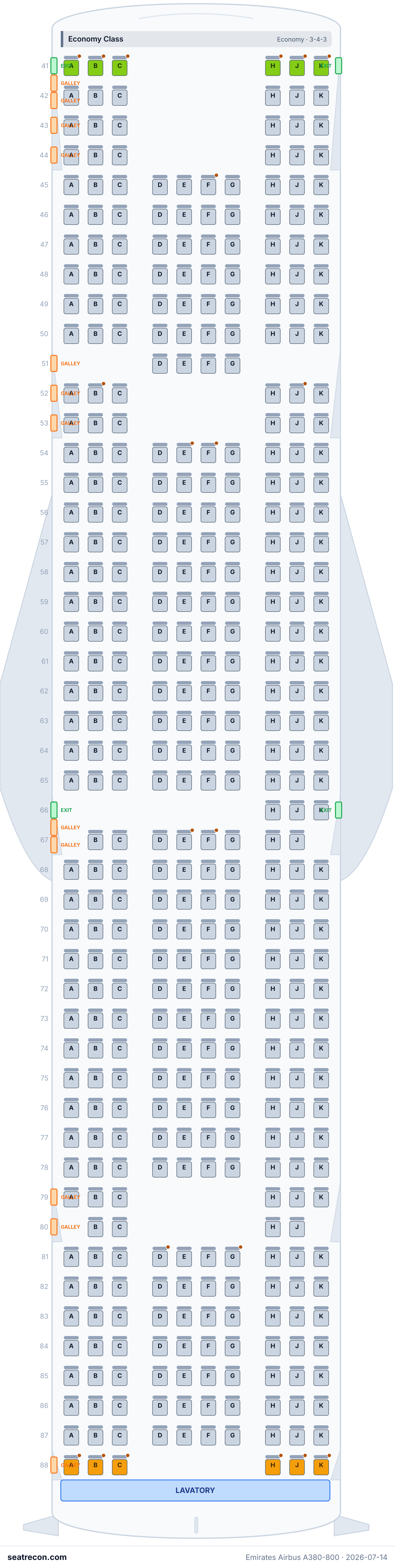 Emirates Airbus A380-800 seat map diagram — First Class, Business Class, Economy Class (517 seats)