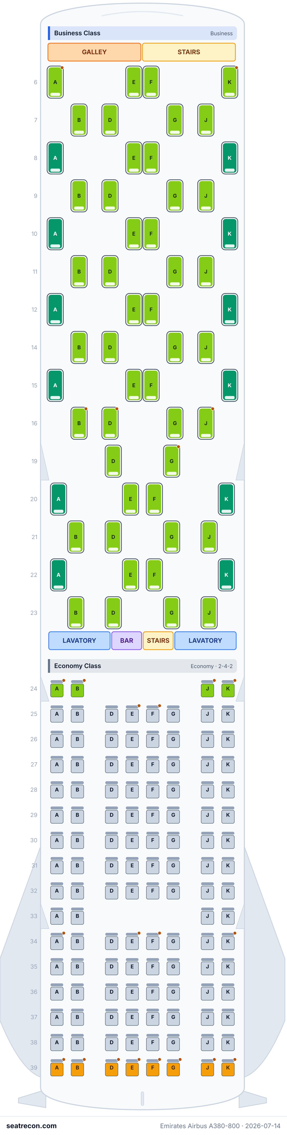 Emirates Airbus A380-800 seat map diagram — Business Class, Economy Class (615 seats) — upper deck